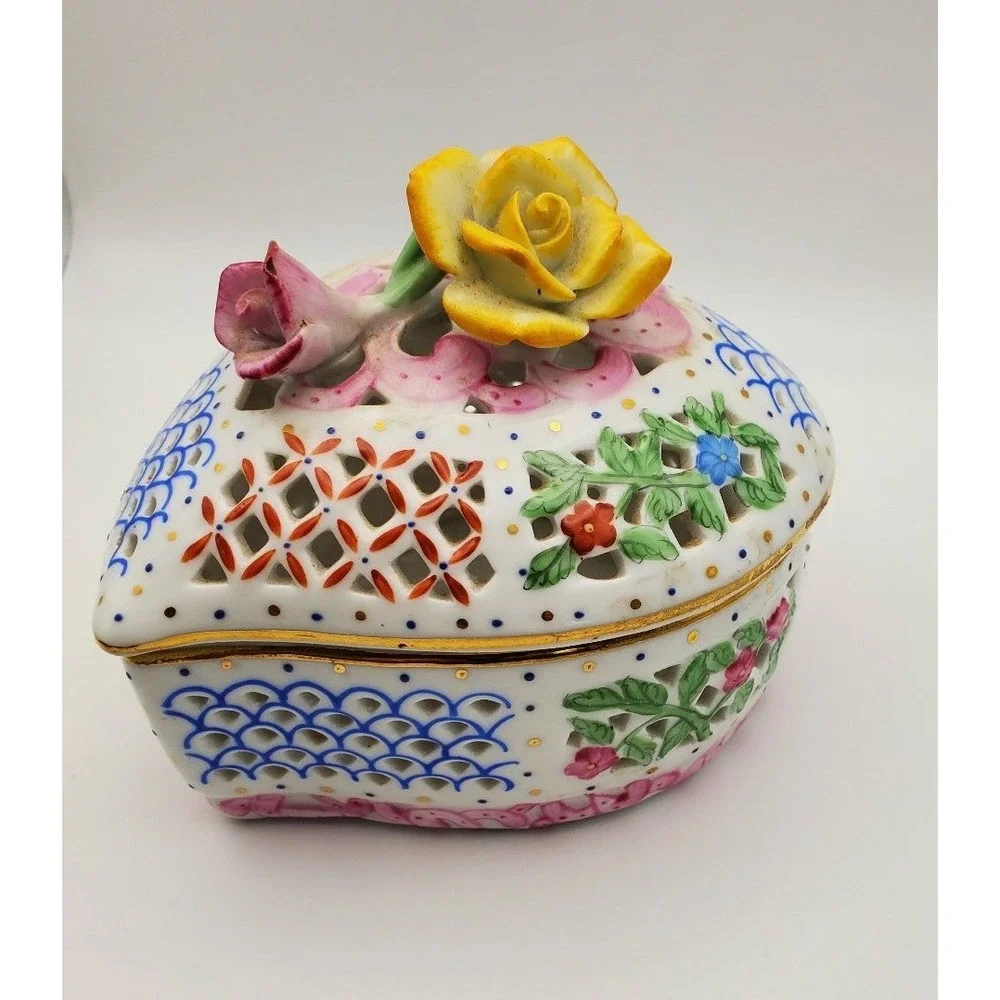Royal Danube Heart Porcelain Trinket Box Hand Painted Rose Reticulated 1886
